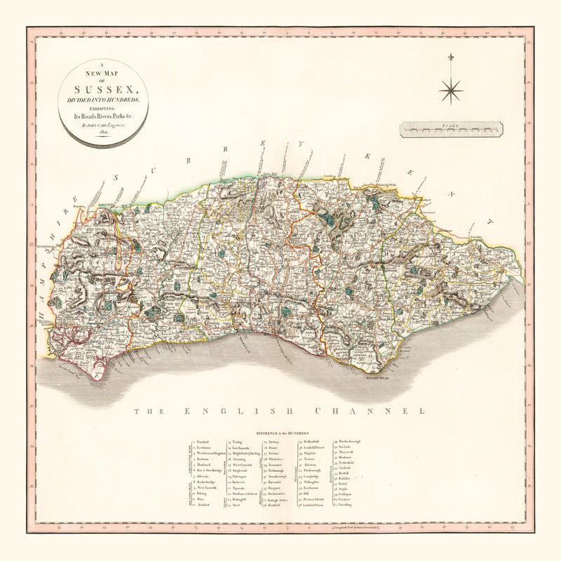 Size comparison using Vintage Map of Sussex County England, 1801