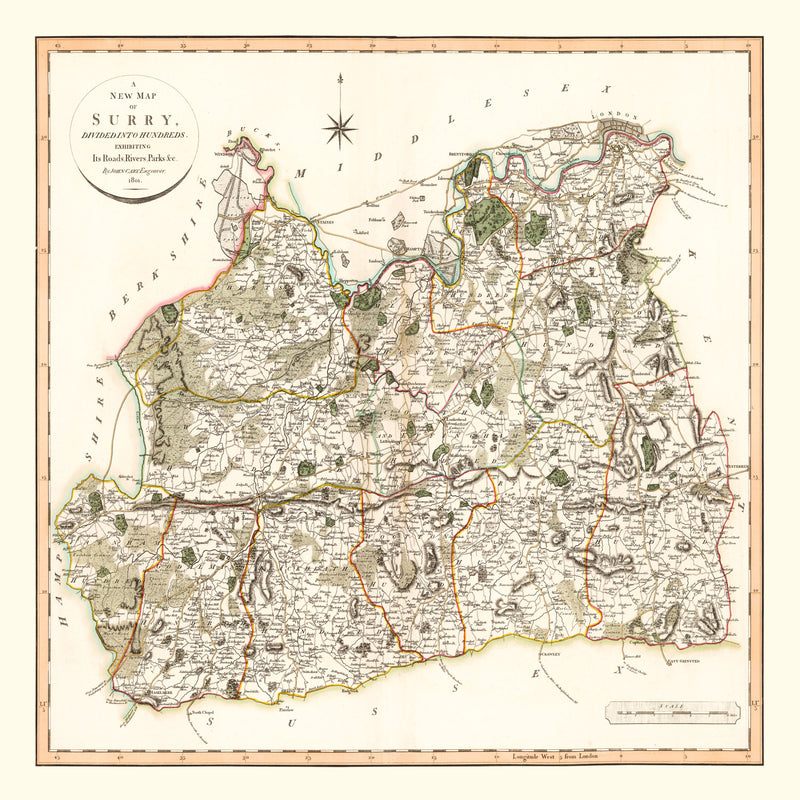 Size comparison using Vintage Map of Surry County England, 1801