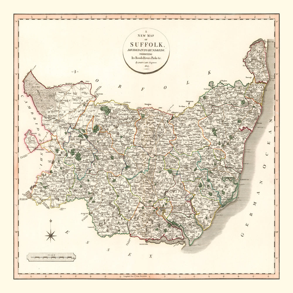 Vintage Map of Suffolk County England, 1807 print style example