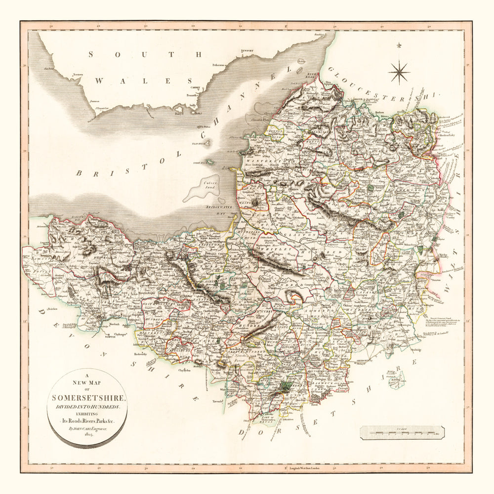 Vintage Map of Somersetshire County England, 1805 print style example