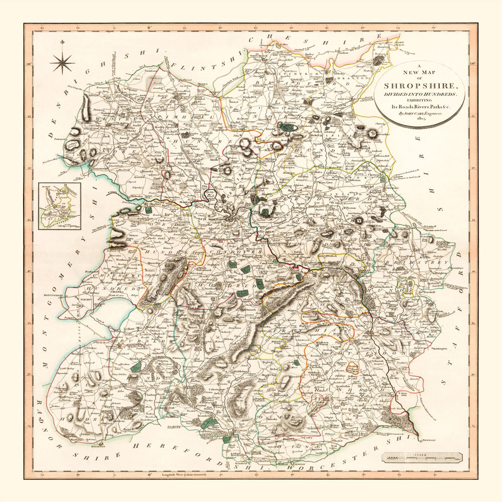 Vintage Map of Shropshire County England, 1805 print style example