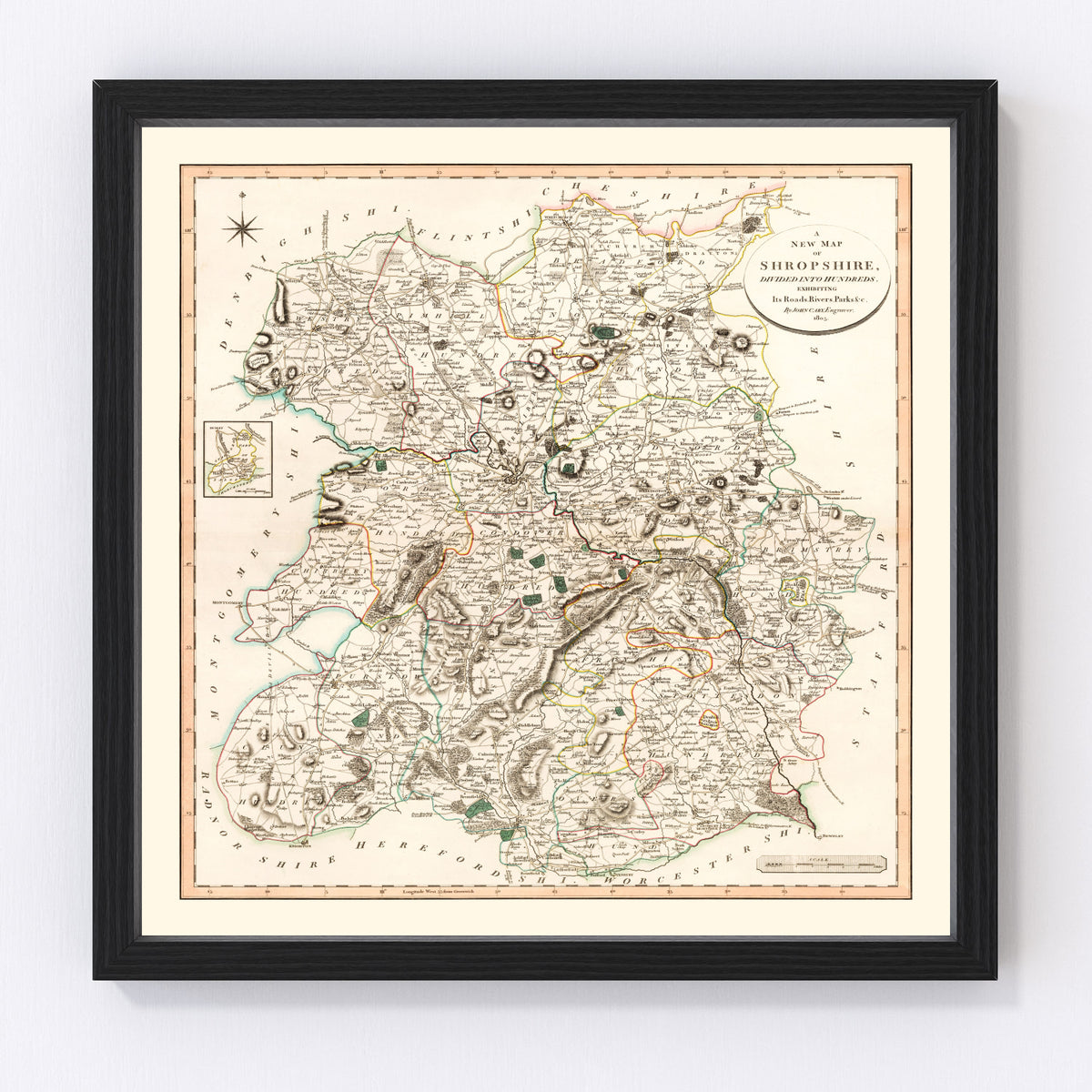 Shropshire County England Vintage Map 1805