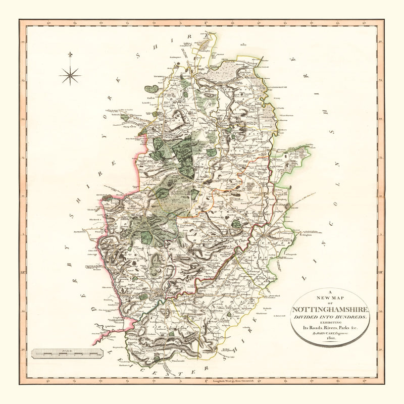 Size comparison using Vintage Map of Nottinghamshire County England, 1801