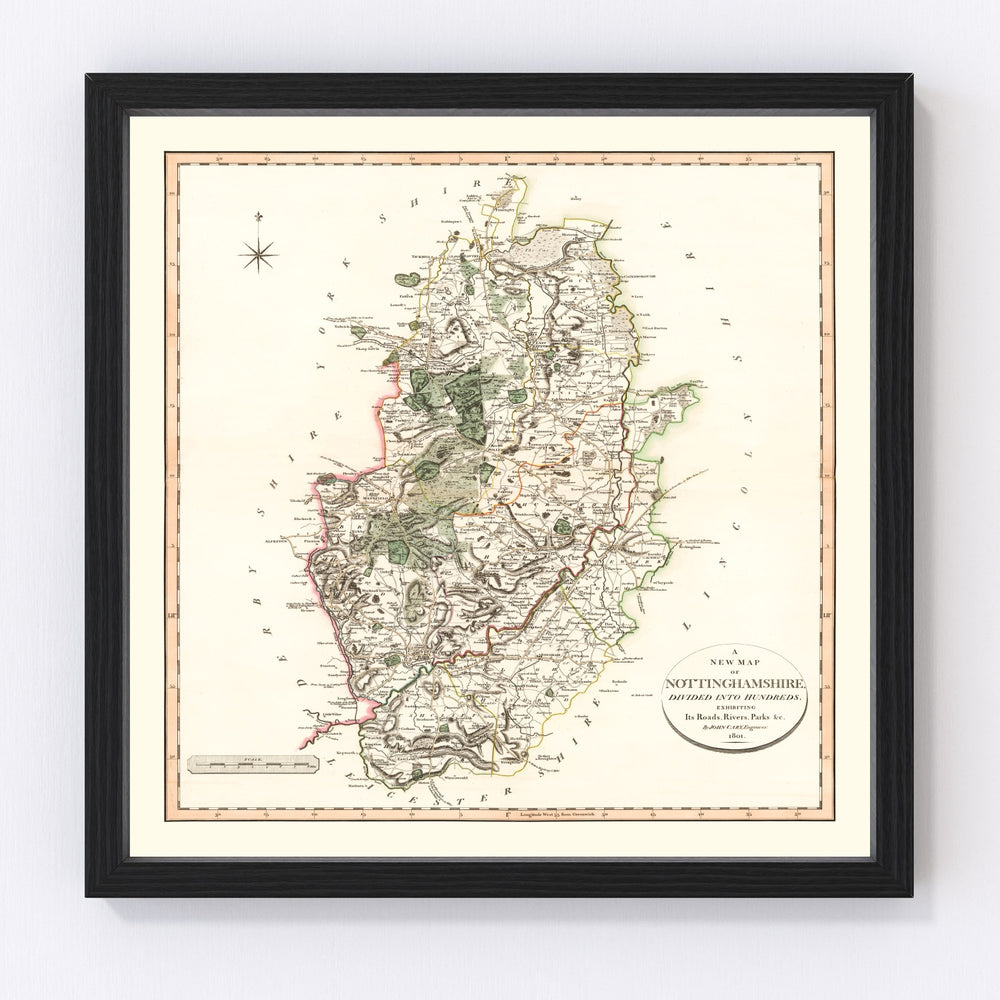 Nottinghamshire County England Vintage Map 1801