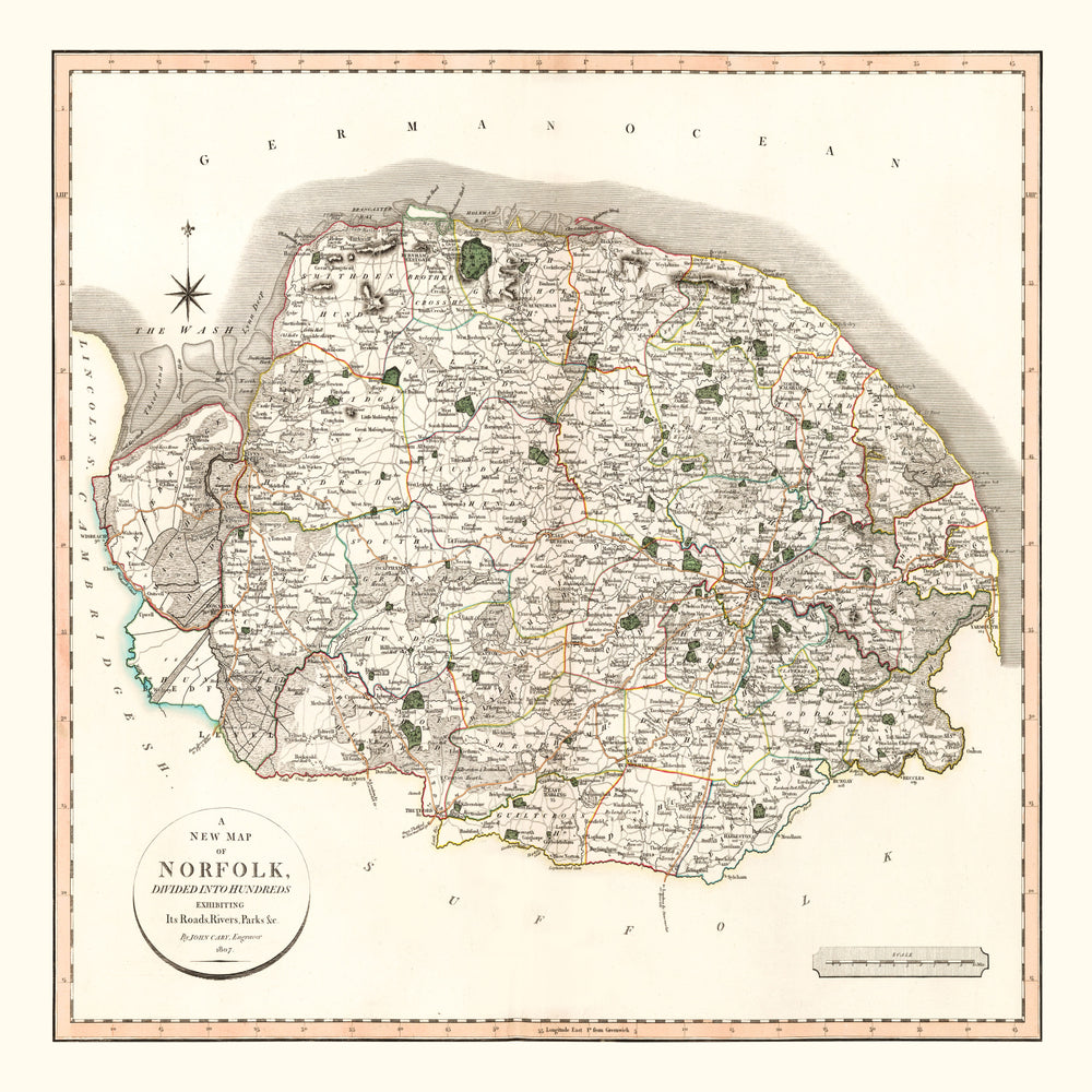 Vintage Map of Norfolk County England, 1807 print style example