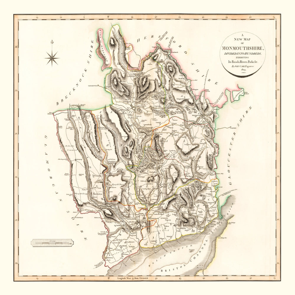 Vintage Map of Monmouthshire County England, 1809 print style example