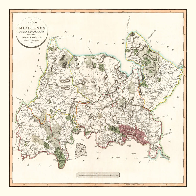Size comparison using Vintage Map of Middlesex County England, 1801