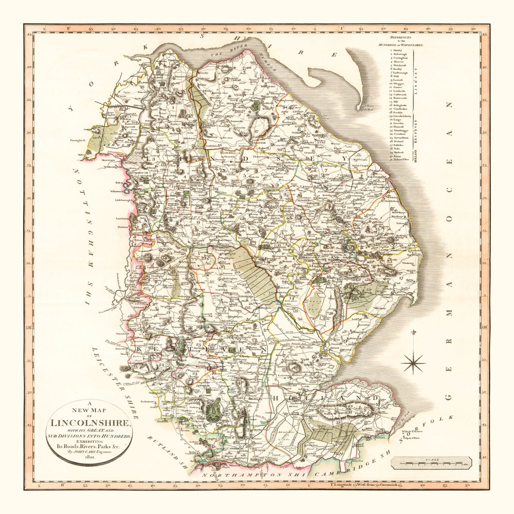 Vintage Map of Lincolnshire County England, 1801 print style example
