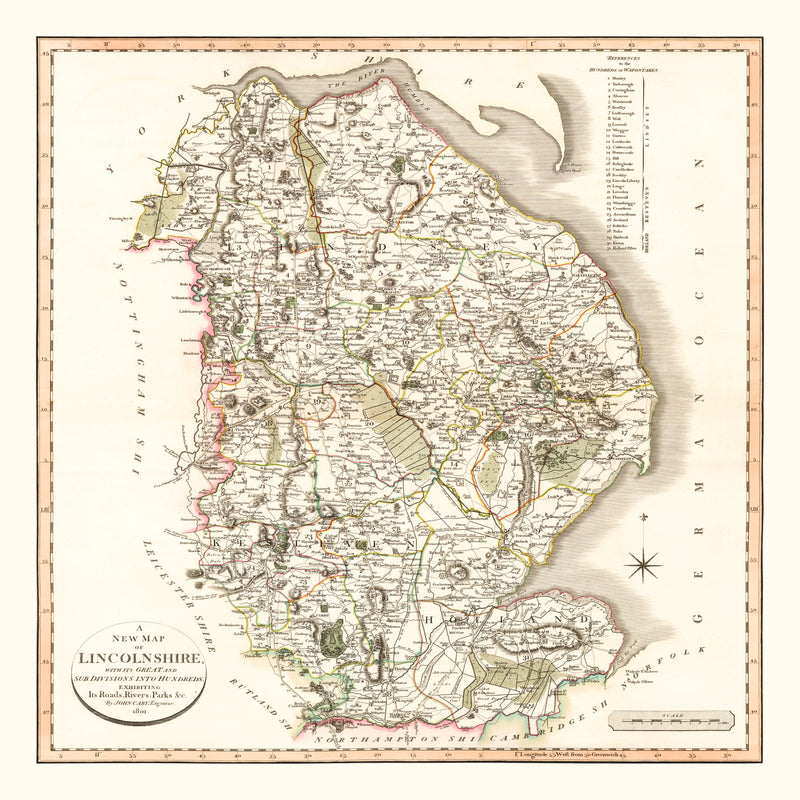 Size comparison using Vintage Map of Lincolnshire County England, 1801