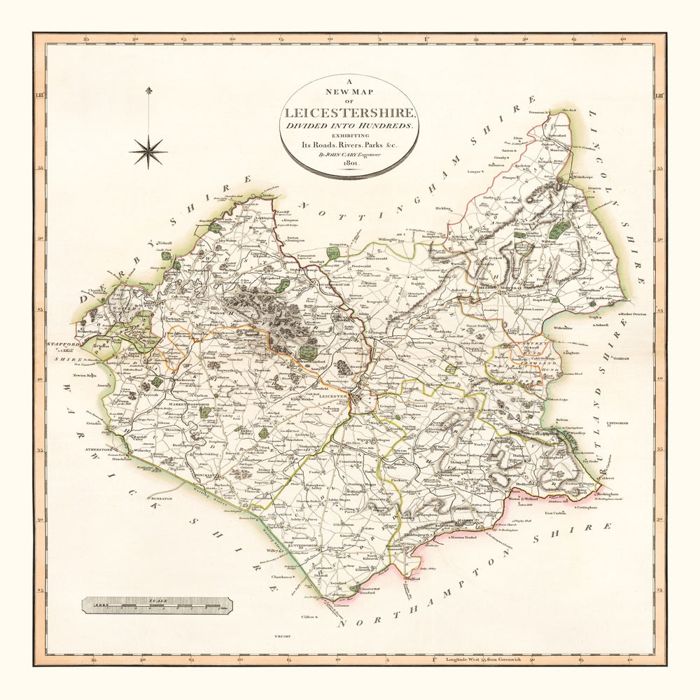Vintage Map of Leicestershire County England, 1801 print style example