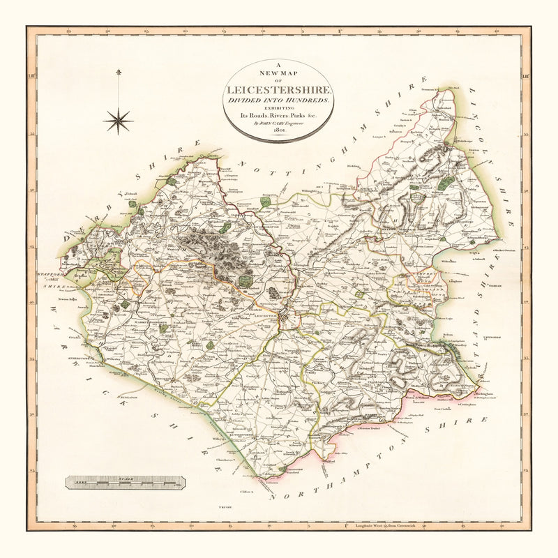 Size comparison using Vintage Map of Leicestershire County England, 1801