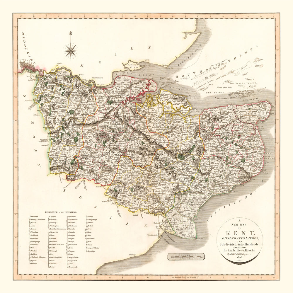 Vintage Map of Kent County England, 1806 print style example
