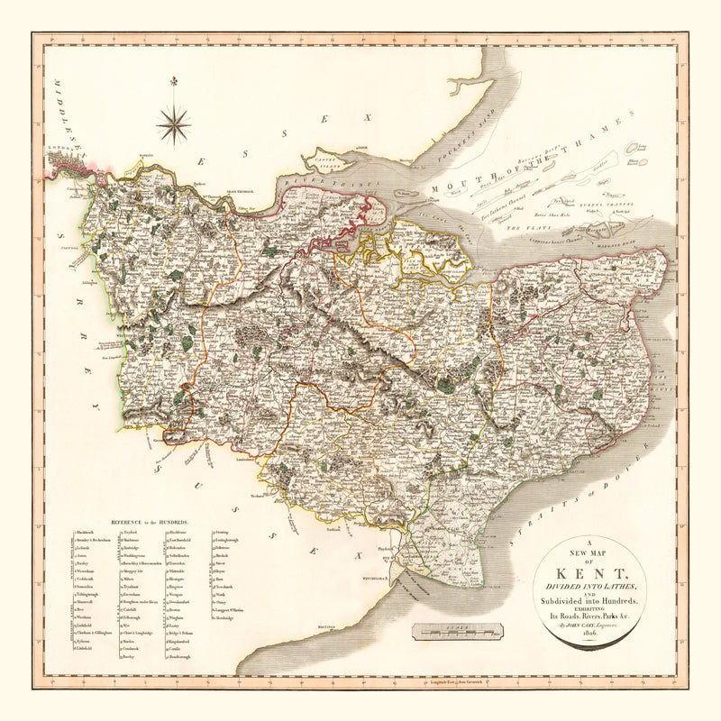 Size comparison using Vintage Map of Kent County England, 1806
