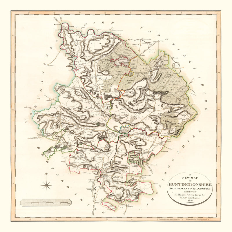 Size comparison using Vintage Map of Huntingdonshire County England, 1801