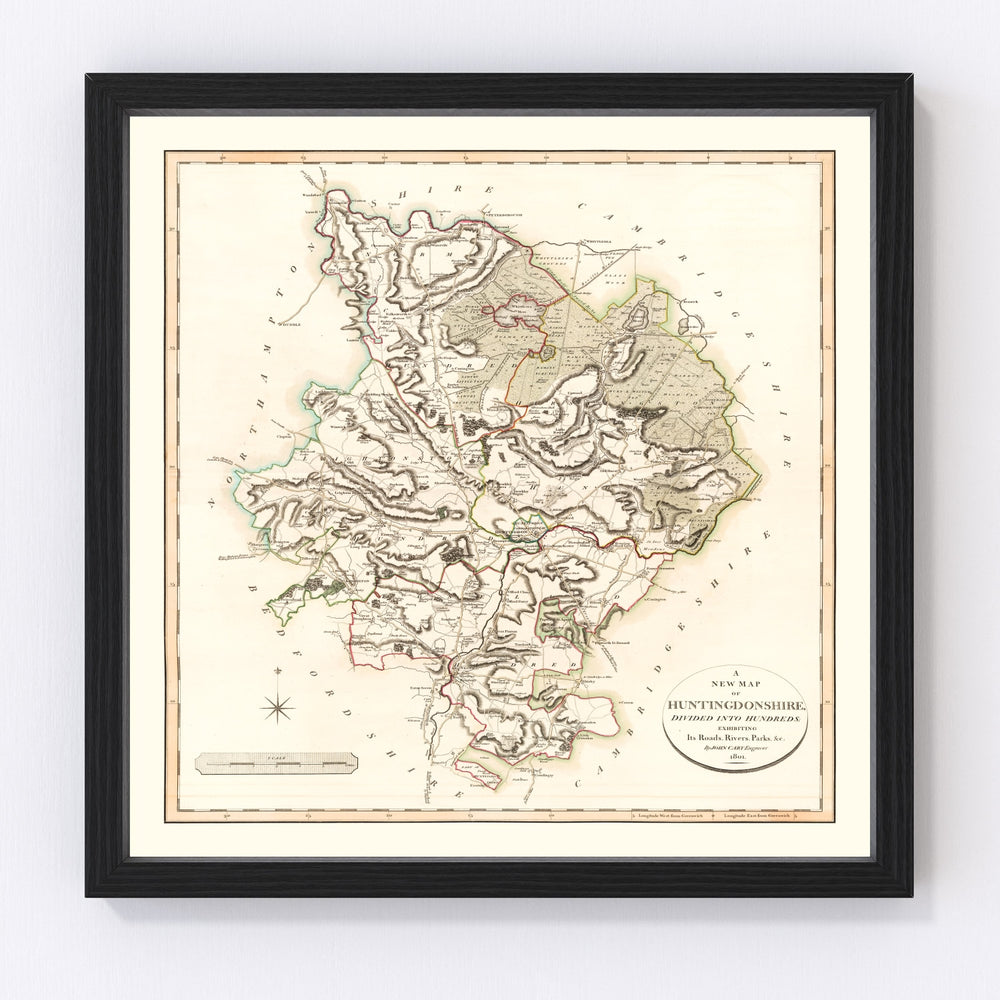 Huntingdonshire County England Vintage Map 1801
