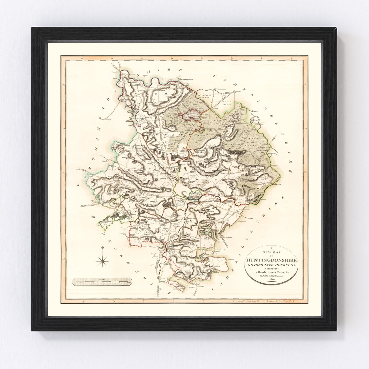 Huntingdonshire County England Vintage Map 1801