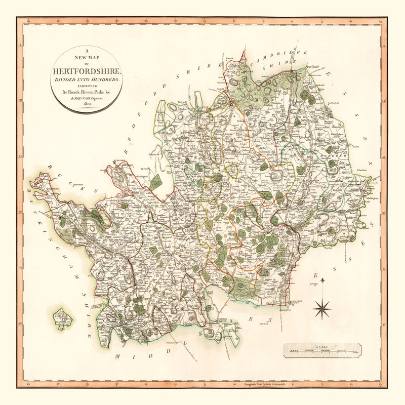 Size comparison using Vintage Map of Hertfordshire County England, 1801
