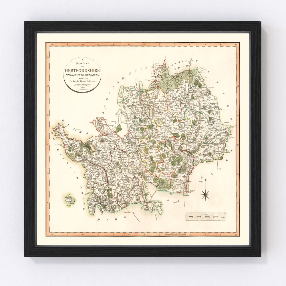 Hertfordshire County England Vintage Map 1801