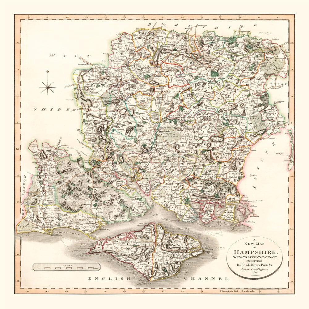 Vintage Map of Hampshire County England, 1801 print style example