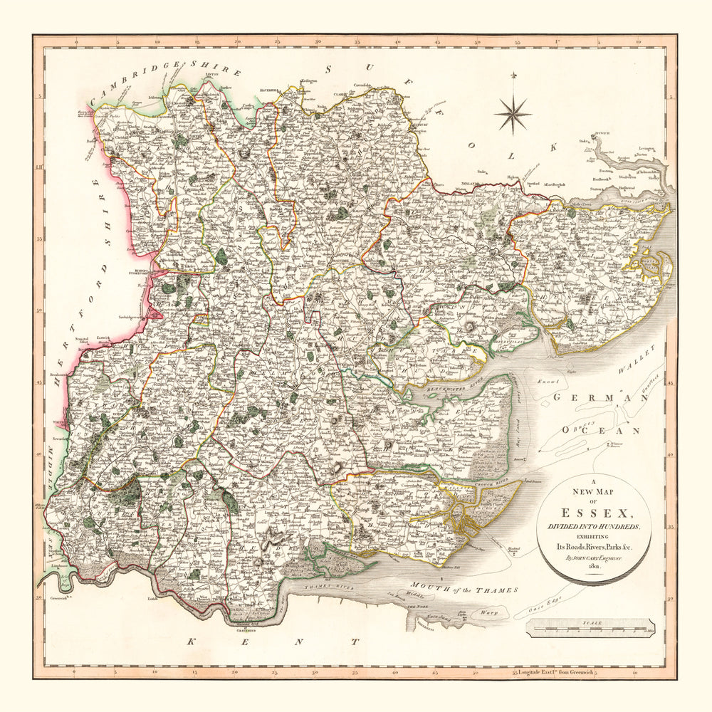 Vintage Map of Essex County England, 1801 print style example