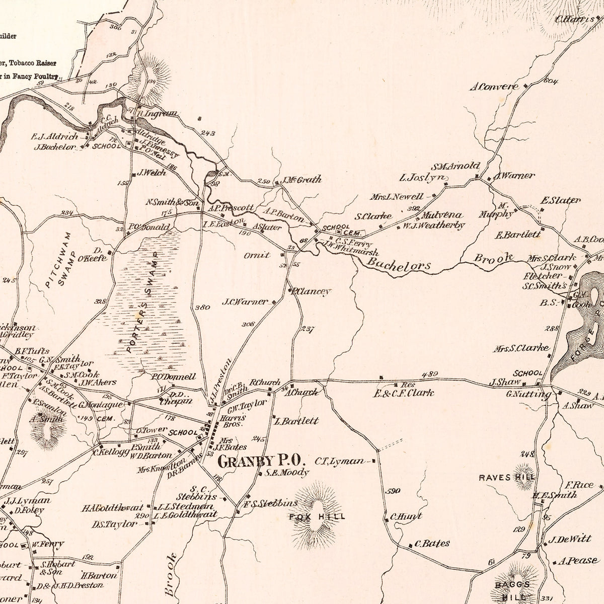 Restored historic details from the 1873 city map of Granby, Massachusetts