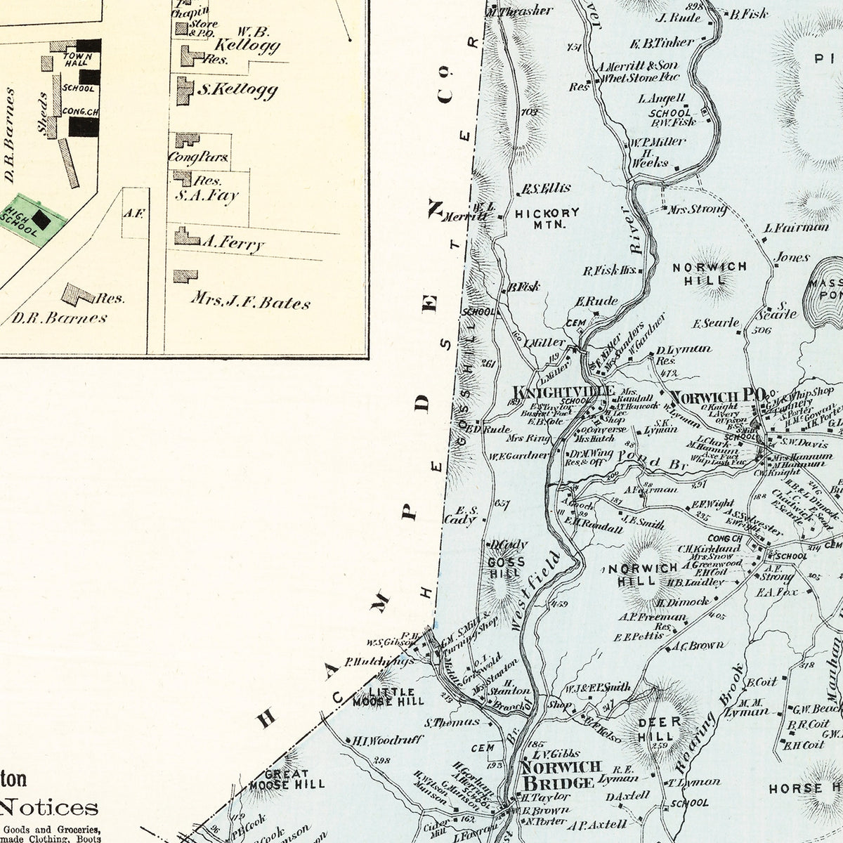 Restored historic details from the 1873 city map of Huntington, Massachusetts