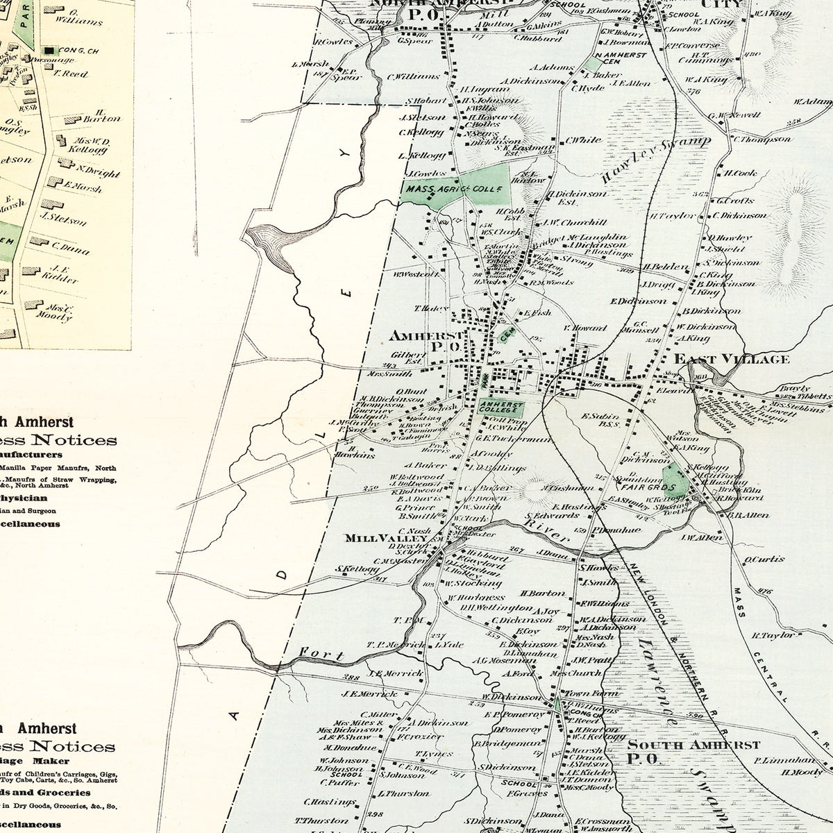Restored historic details from the 1873 city map of Amherst, Massachusetts
