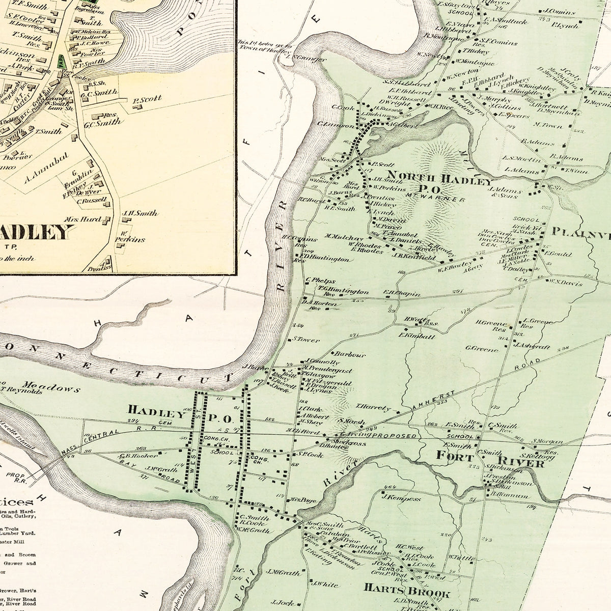 Restored historic details from the 1873 city map of Hadley, Massachusetts