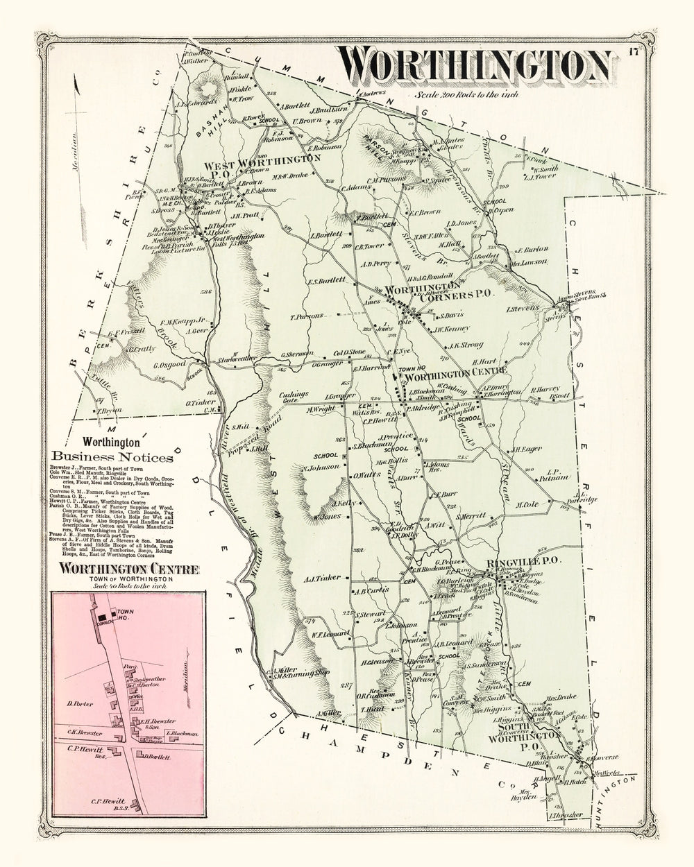 Vintage Map of Worthington, Massachusetts 1873 print style example
