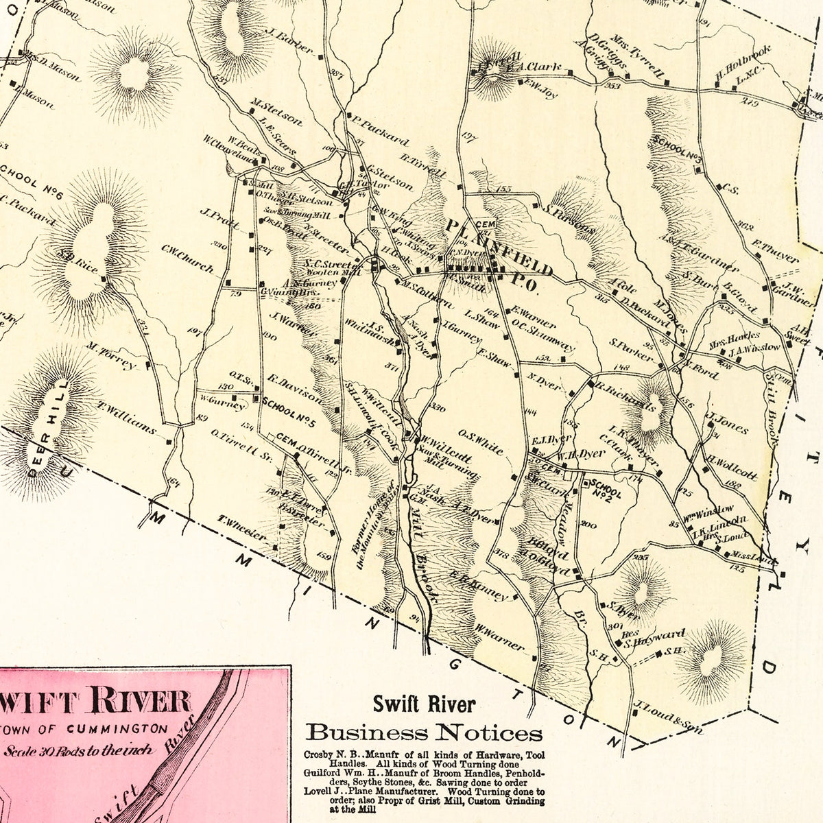 Restored historic details from the 1873 city map of Plainfield, Massachusetts