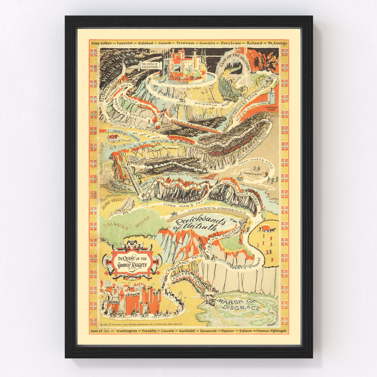 A framed vintage map displayed in a warm and thoughtfully designed interior