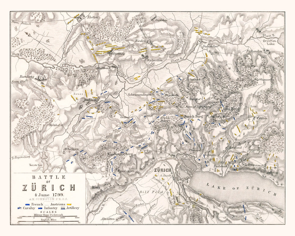 Vintage Map of the Battle of Zurich, 1799 print style example