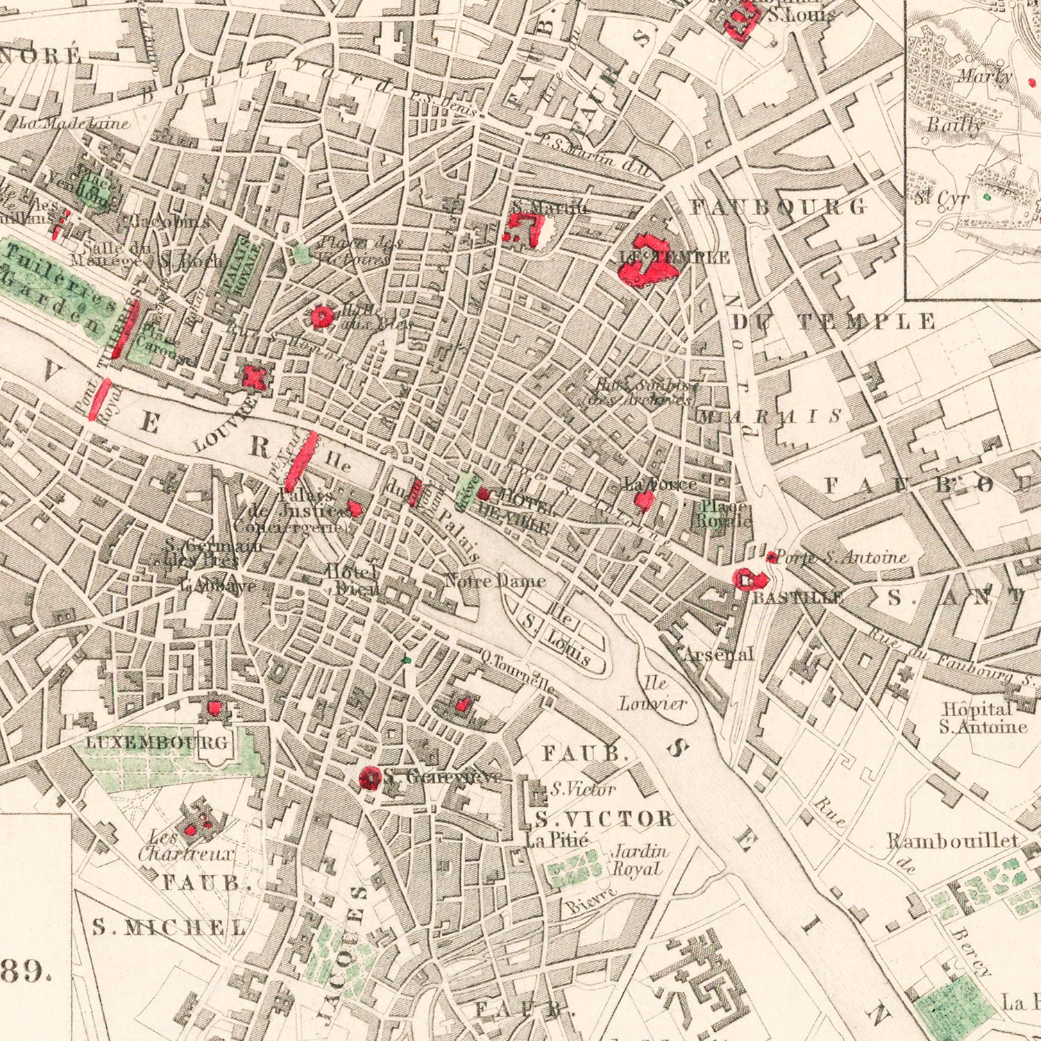 Restored historic details from the 1789 city map of Paris