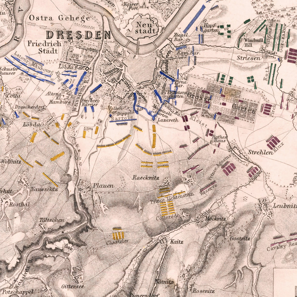 Restored historic details from the 1813 city map of Dresden