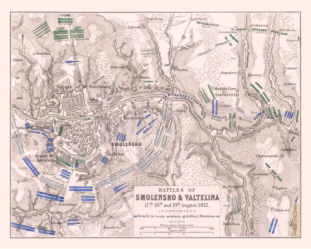 Vintage Map of the Battles of Smolensko & Valtellina, 1812 print style example