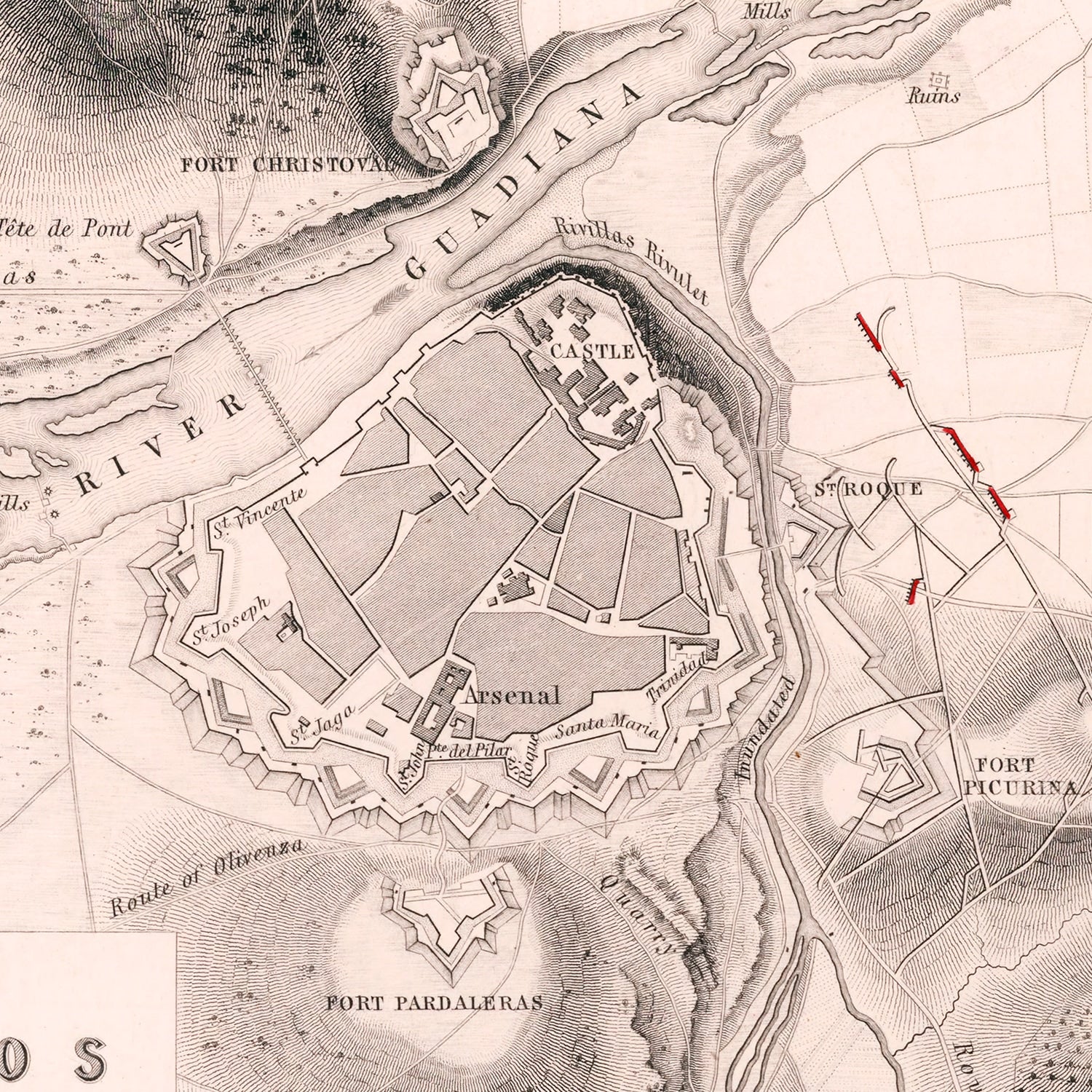 Restored historic details from the 1812 city map of Badajoz