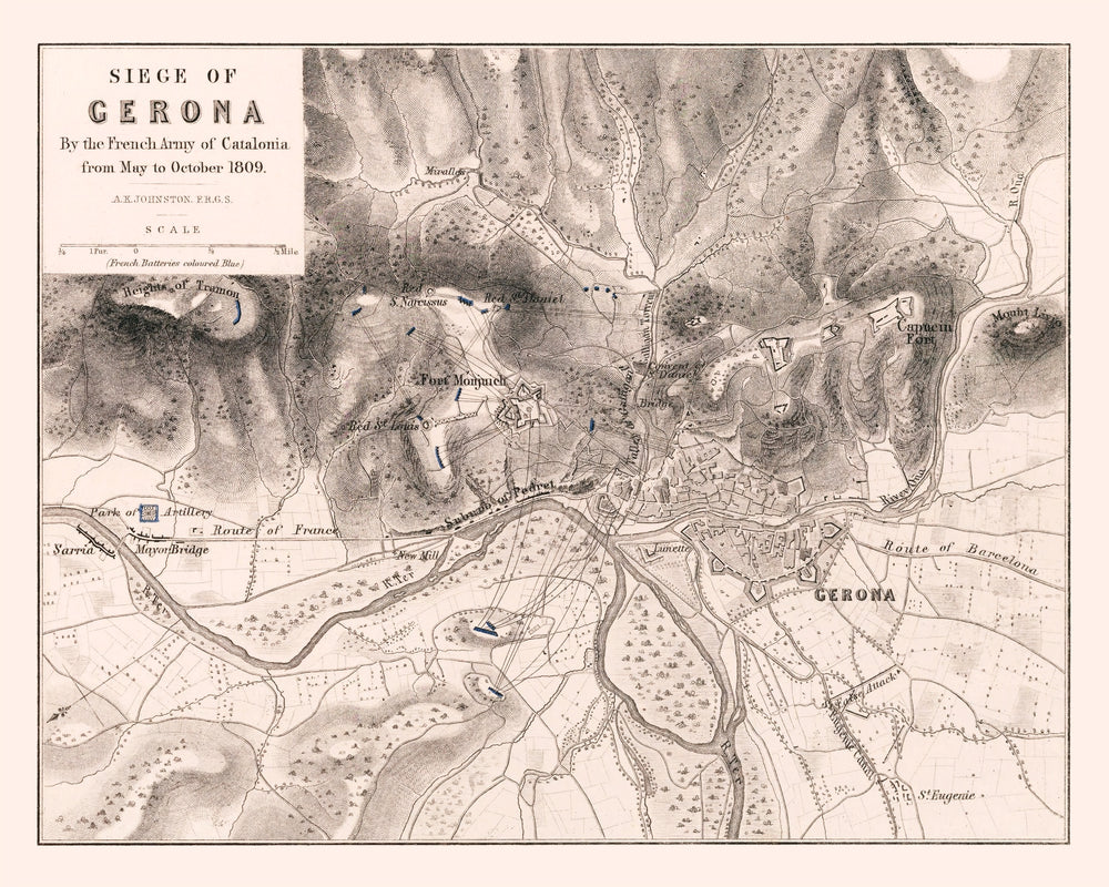 Vintage Map of the Siege of Gerona, 1809 print style example