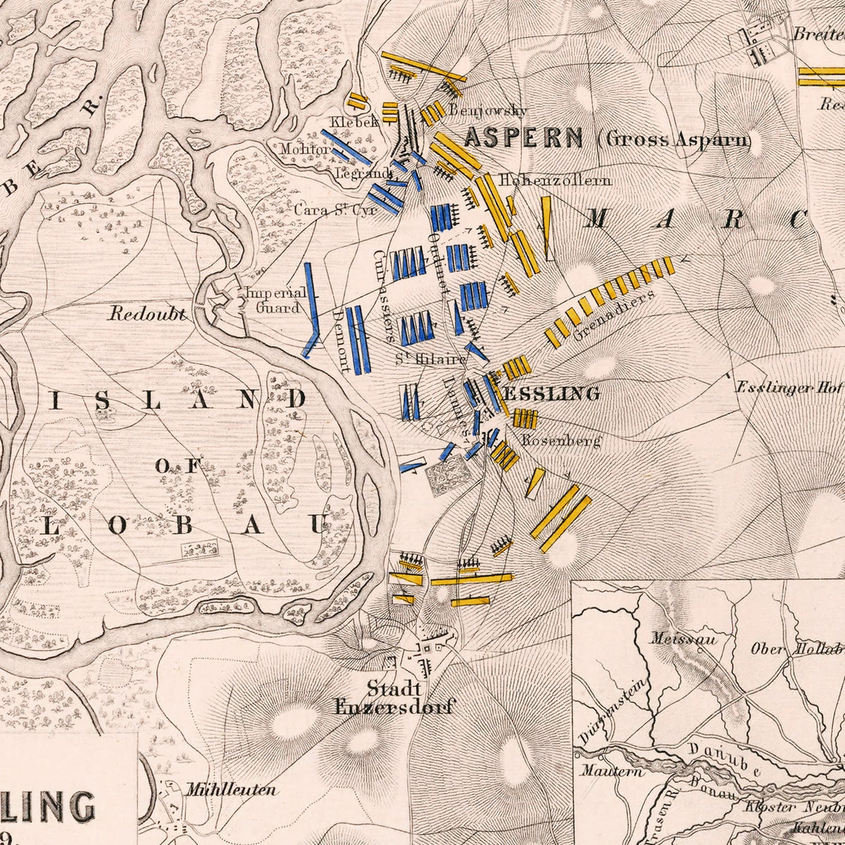 Restored historic details from the 1809 city map of Essling