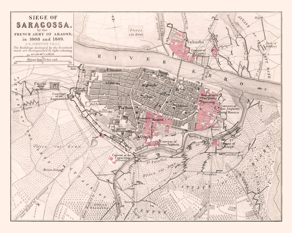 Vintage Map of the Siege of Saragossa, 1809 print style example