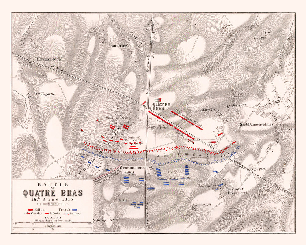 Vintage Map of the Battle of Quatre Bras, 1815 print style example