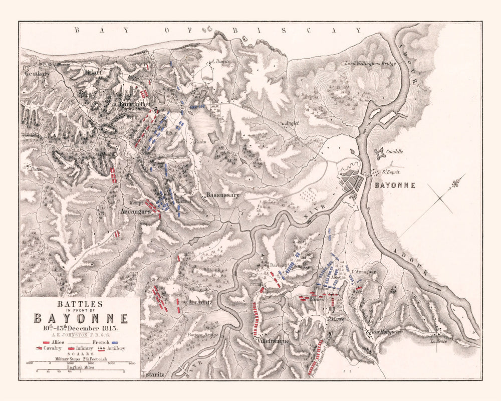 Vintage Map of the Battles In Front of Bayonne, 1813 print style example