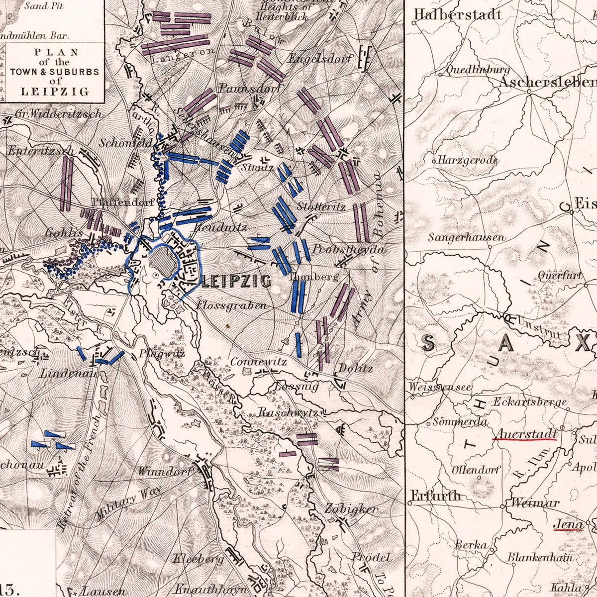 Restored historic details from the 1813 city map of Leipzig