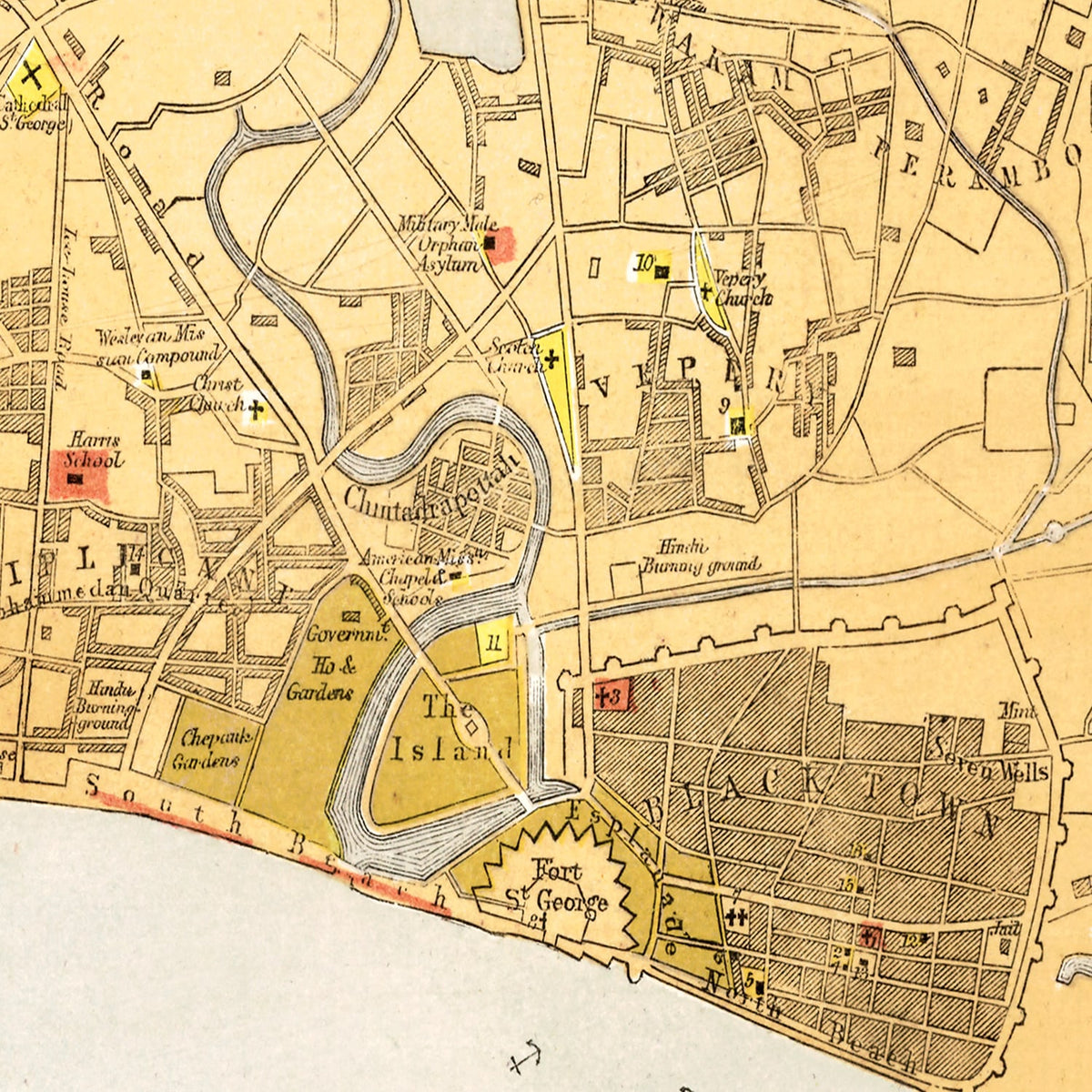 Restored historic details from the 1862 city map of Madras