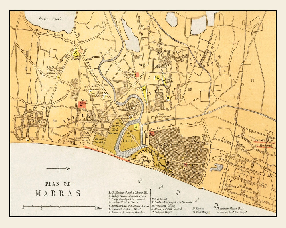 Vintage Map of Madras, India 1862 print style example