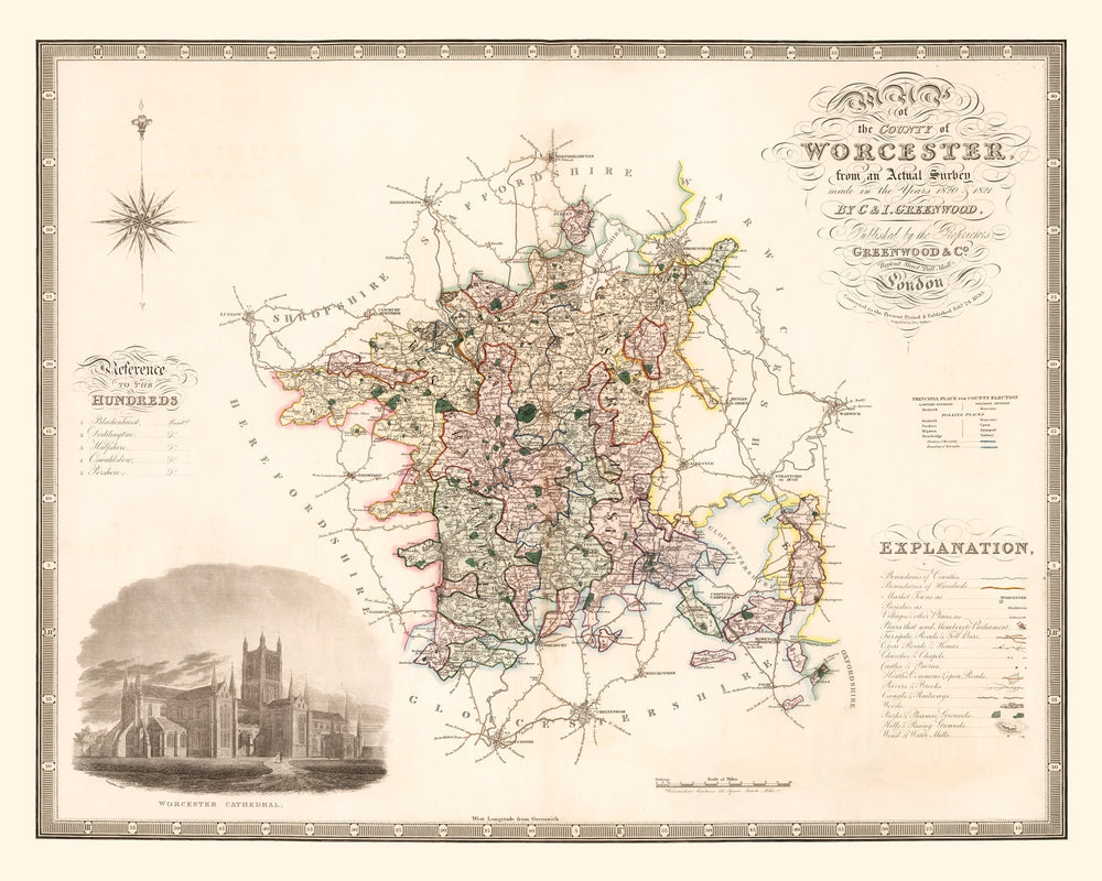 Vintage Map of Worcester England, 1830 print style example