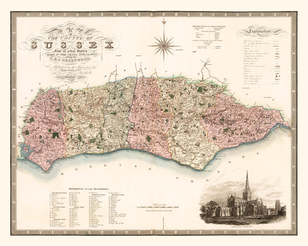 Vintage Map of Sussex England, 1829 print style example