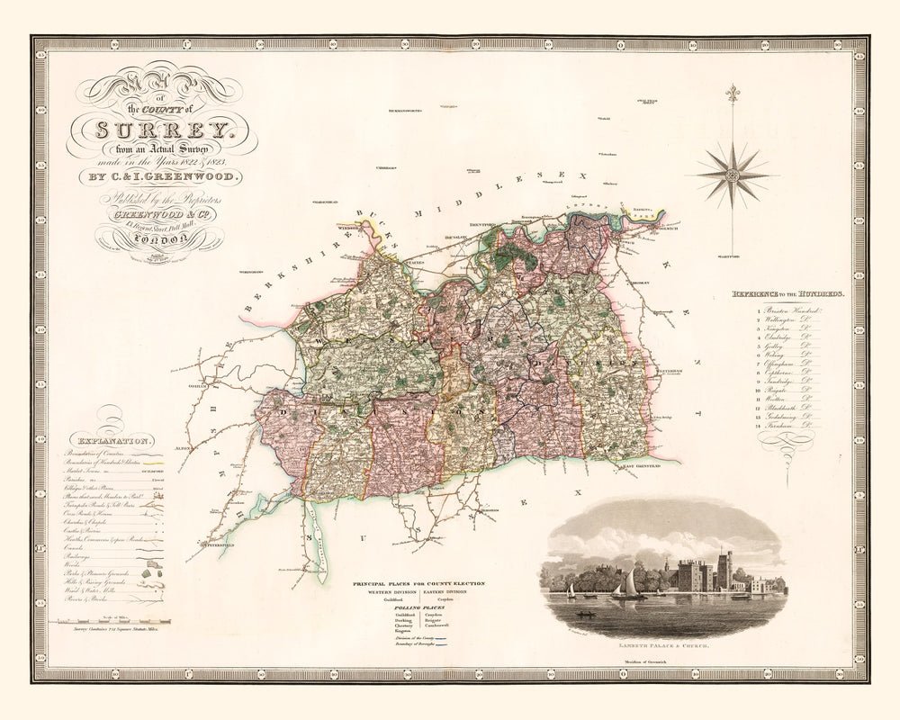 Vintage Map of Surrey England, 1829 print style example