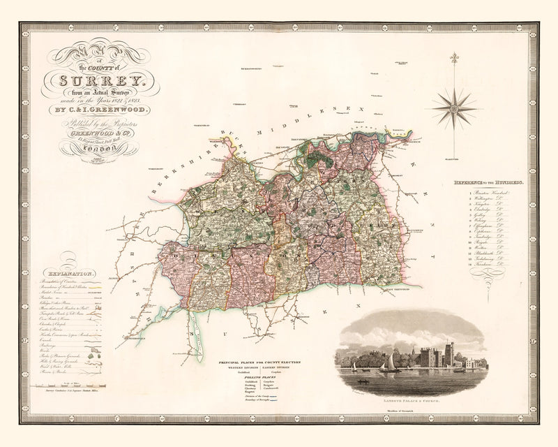 Size comparison using Vintage Map of Surrey England, 1829