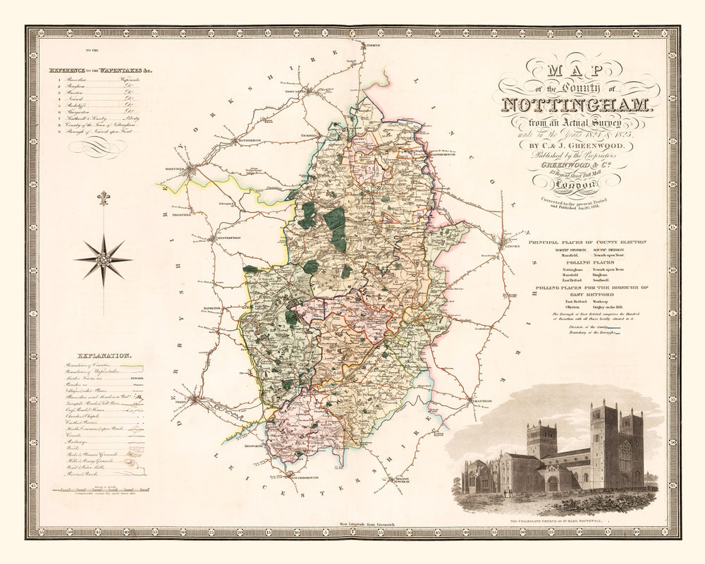 Vintage Map of Nottingham England, 1831 print style example
