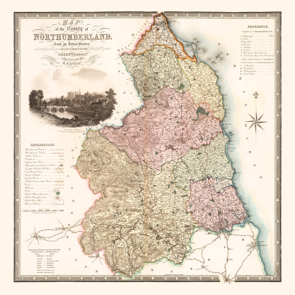 Vintage Map of Northumberland England, 1831 print style example